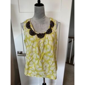 Boden Womens Lime Green White Floral Beaded Scoop Neck Cotton Tank Top Size 12